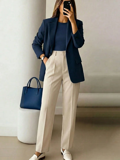 Women's High-Waisted Apricot Long Pants, Simple Fashion, Commute Y2K Style, Comfortable Slim Fit Versatile (Accessories Not Included), Office Siren