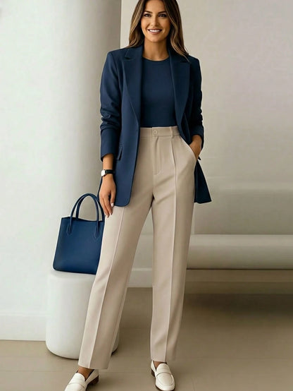 Women's High-Waisted Apricot Long Pants, Simple Fashion, Commute Y2K Style, Comfortable Slim Fit Versatile (Accessories Not Included), Office Siren