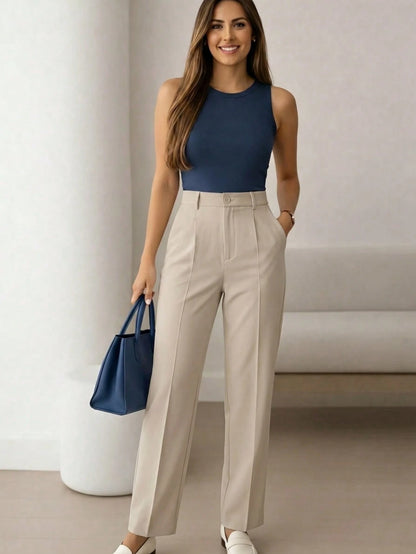 Women's High-Waisted Apricot Long Pants, Simple Fashion, Commute Y2K Style, Comfortable Slim Fit Versatile (Accessories Not Included), Office Siren