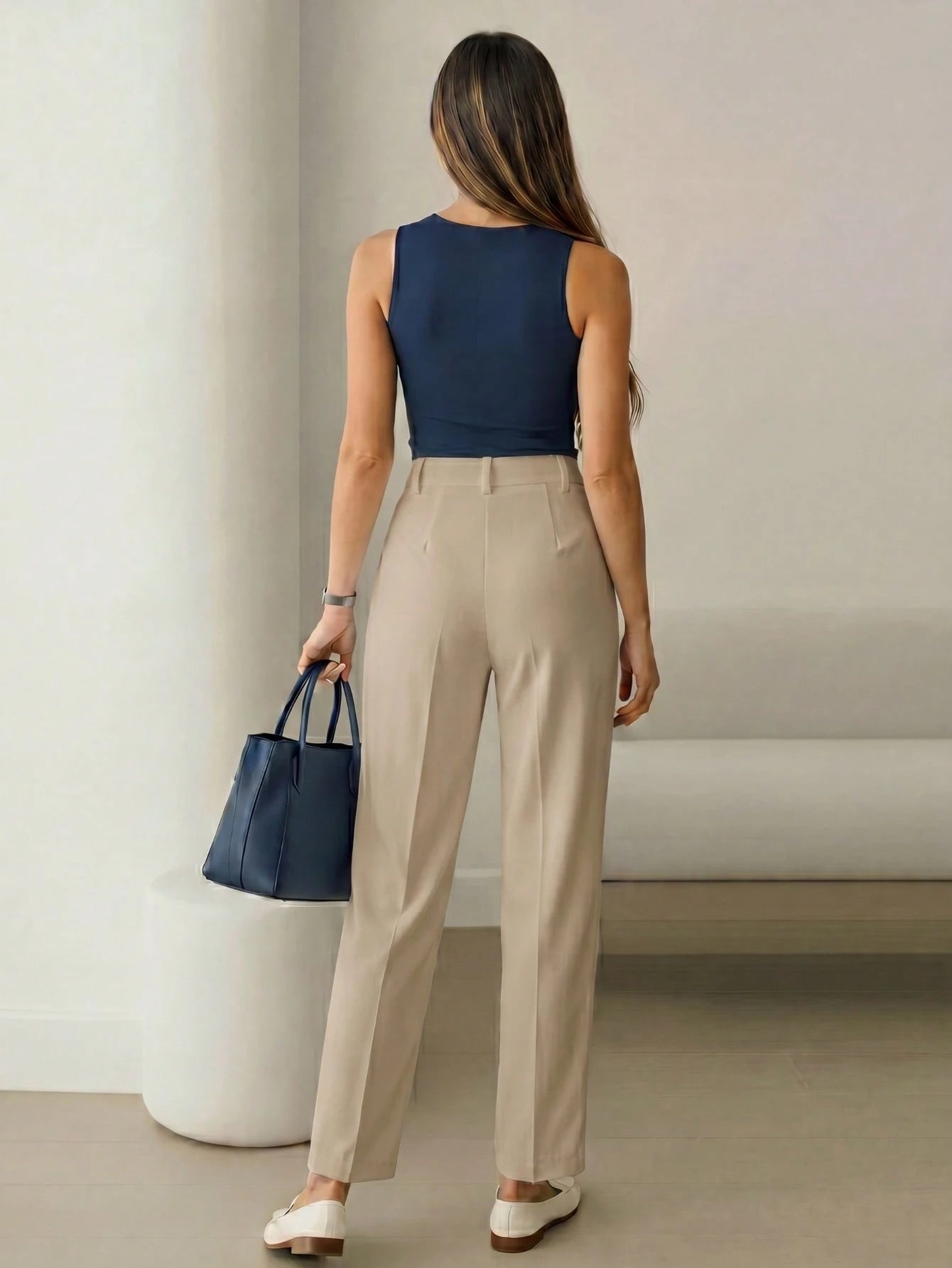 Women's High-Waisted Apricot Long Pants, Simple Fashion, Commute Y2K Style, Comfortable Slim Fit Versatile (Accessories Not Included), Office Siren