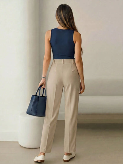 Women's High-Waisted Apricot Long Pants, Simple Fashion, Commute Y2K Style, Comfortable Slim Fit Versatile (Accessories Not Included), Office Siren