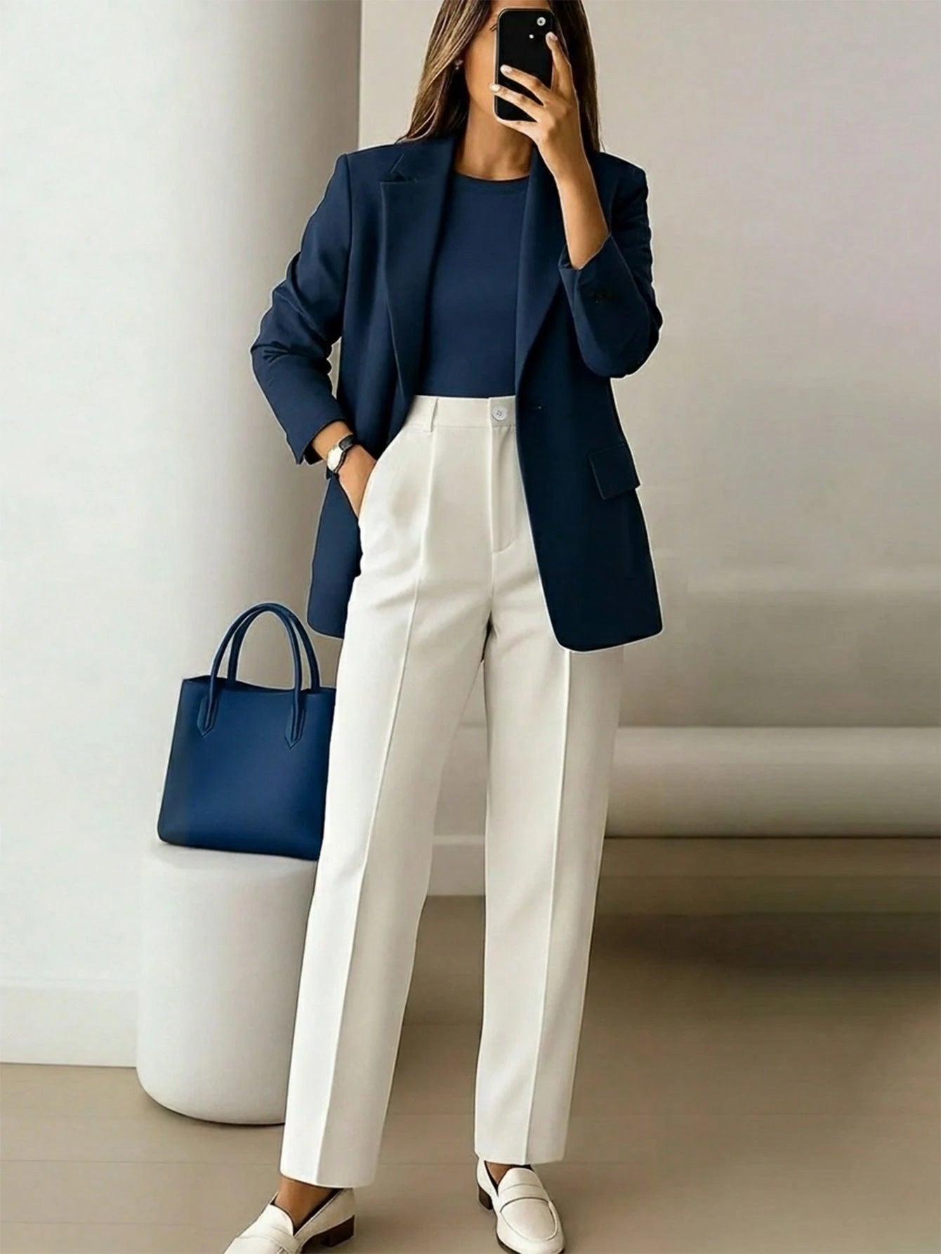 Women's High-Waisted Apricot Long Pants, Simple Fashion, Commute Y2K Style, Comfortable Slim Fit Versatile (Accessories Not Included), Office Siren