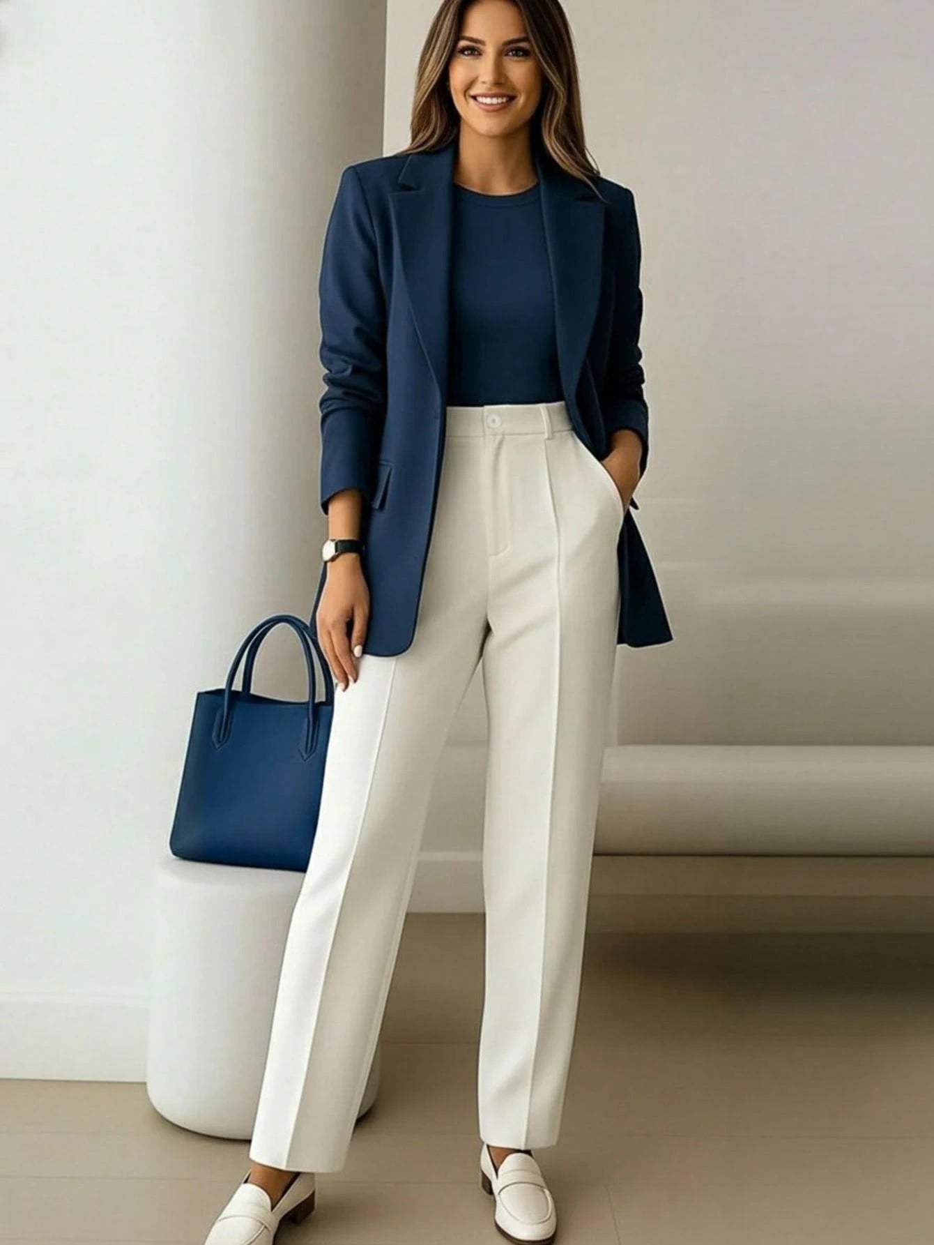 Women's High-Waisted Apricot Long Pants, Simple Fashion, Commute Y2K Style, Comfortable Slim Fit Versatile (Accessories Not Included), Office Siren