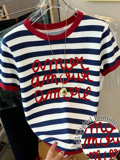 Women's Letter & Stripe Print Casual Round Neck Short Sleeve T-Shirt