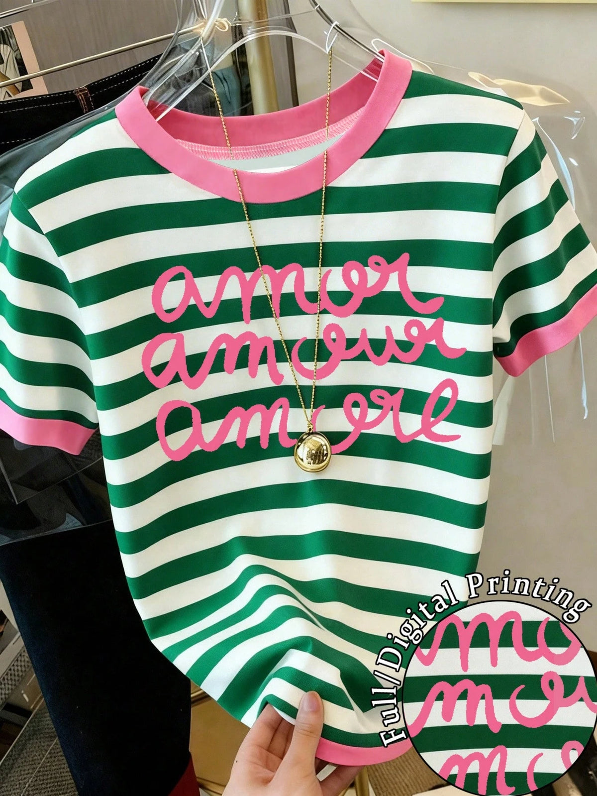 Women's Letter & Stripe Print Casual Round Neck Short Sleeve T-Shirt