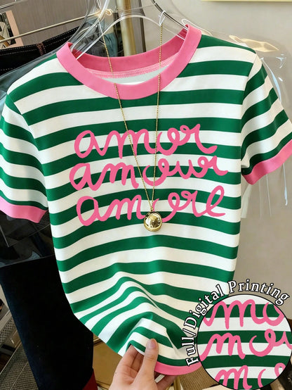 Women's Letter & Stripe Print Casual Round Neck Short Sleeve T-Shirt