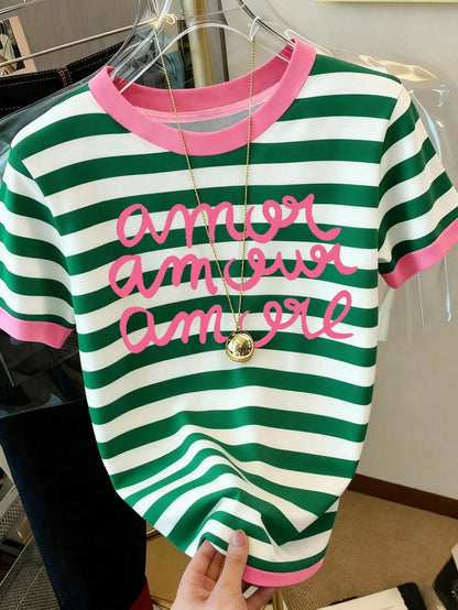 Women's Letter & Stripe Print Casual Round Neck Short Sleeve T-Shirt