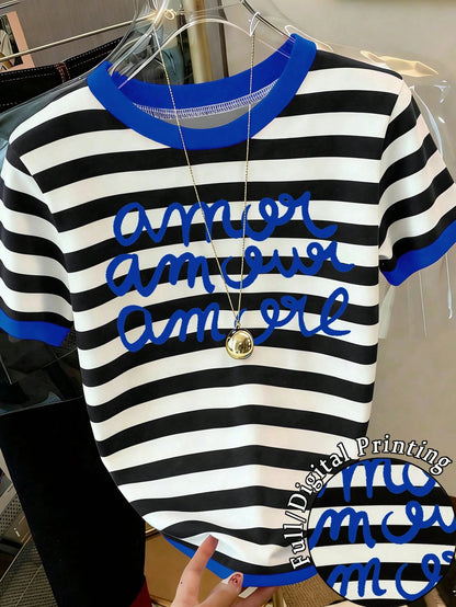 Women's Letter & Stripe Print Casual Round Neck Short Sleeve T-Shirt