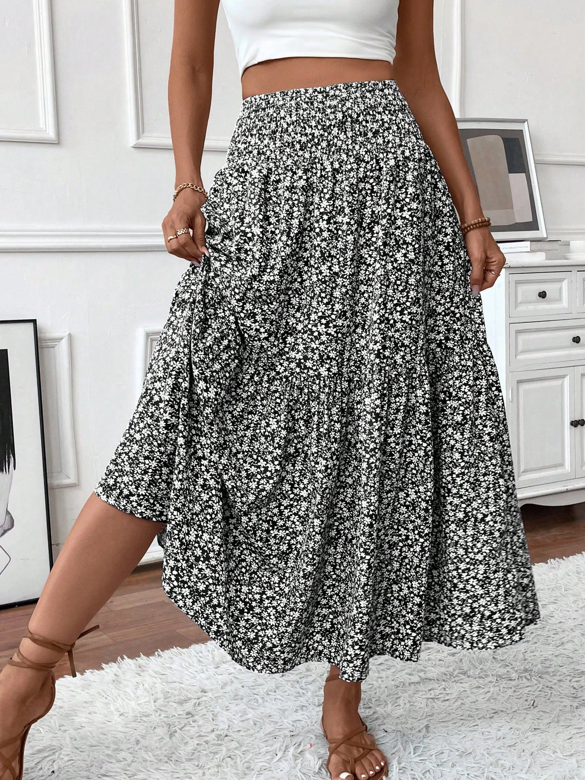 Women's Long Ditsy Floral Skirt, Casual Elastic Waist With Pockets, Ruffle Hem, A-Line Skirt For Summer Vacation Spring