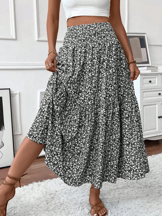 Women's Long Ditsy Floral Skirt, Casual Elastic Waist With Pockets, Ruffle Hem, A-Line Skirt For Summer Vacation Spring