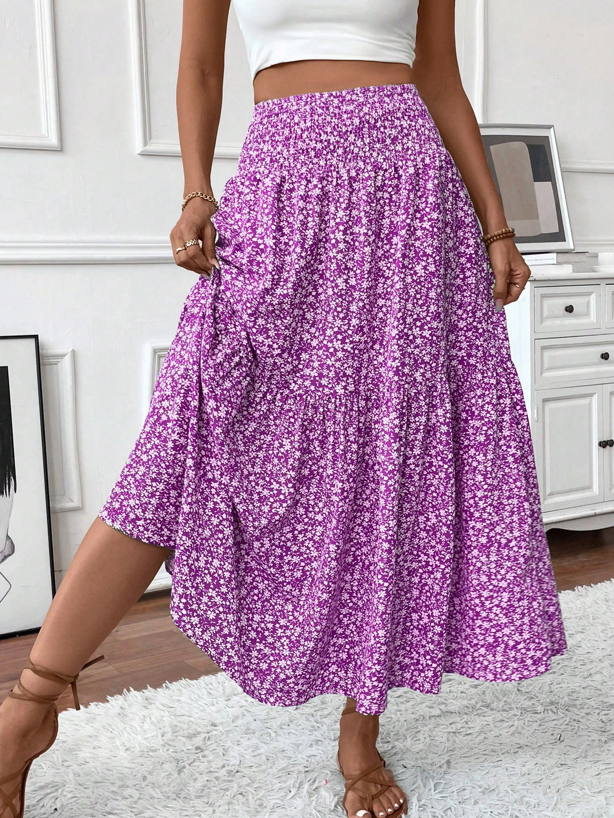 Women's Long Ditsy Floral Skirt, Casual Elastic Waist With Pockets, Ruffle Hem, A-Line Skirt For Summer Spring Vacation