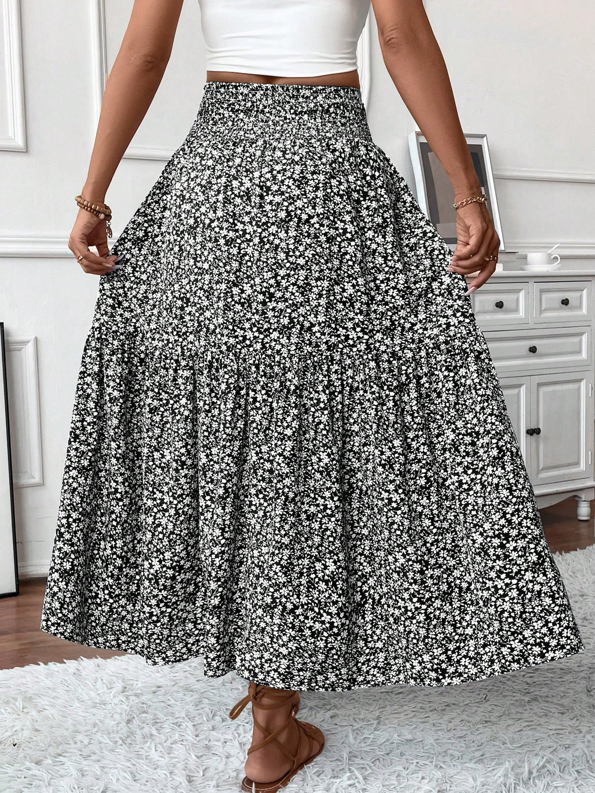 Women's Long Ditsy Floral Skirt, Casual Elastic Waist With Pockets, Ruffle Hem, A-Line Skirt For Summer Vacation Spring