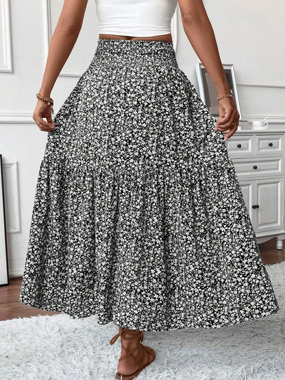 Women's Long Ditsy Floral Skirt, Casual Elastic Waist With Pockets, Ruffle Hem, A-Line Skirt For Summer Vacation Spring