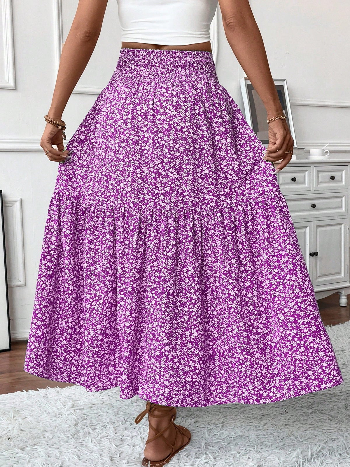 Women's Long Ditsy Floral Skirt, Casual Elastic Waist With Pockets, Ruffle Hem, A-Line Skirt For Summer Spring Vacation