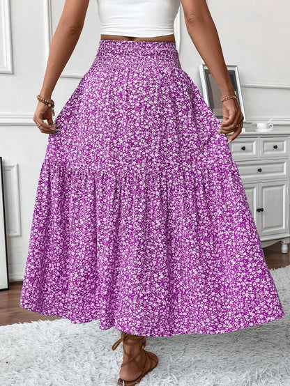 Women's Long Ditsy Floral Skirt, Casual Elastic Waist With Pockets, Ruffle Hem, A-Line Skirt For Summer Spring Vacation