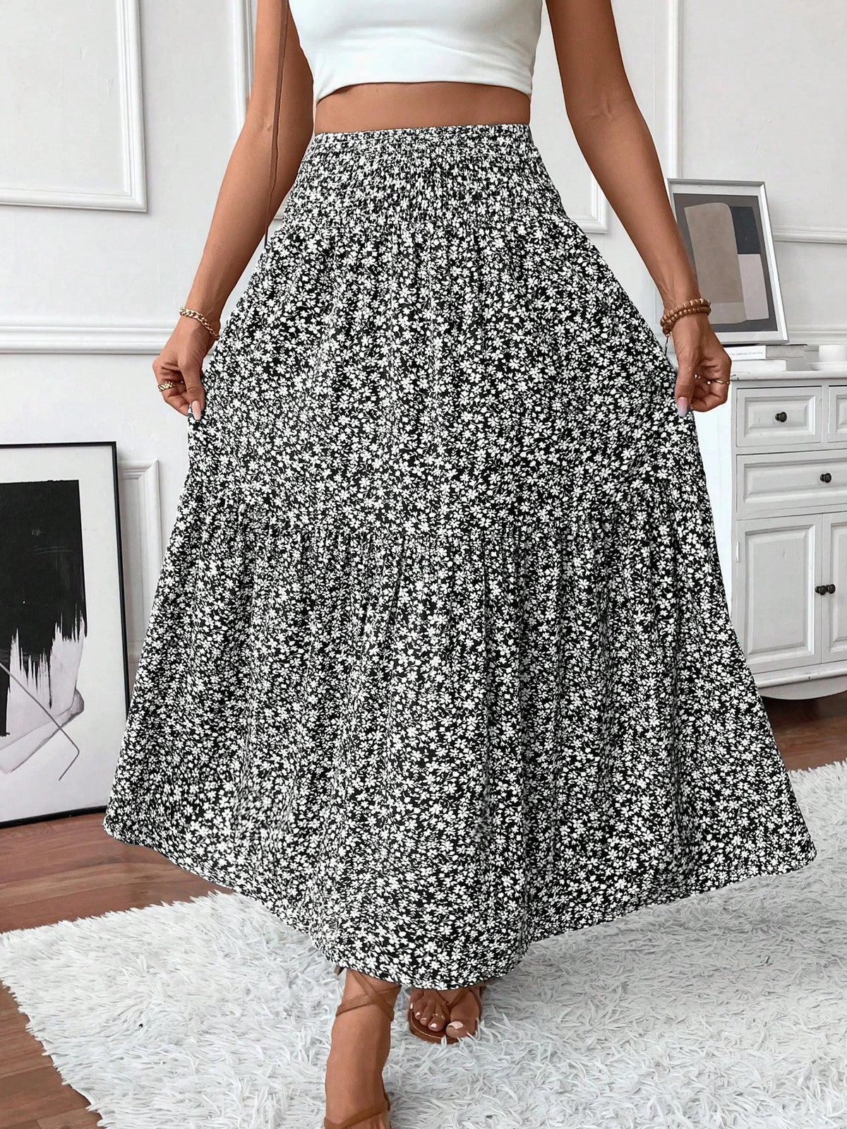 Women's Long Ditsy Floral Skirt, Casual Elastic Waist With Pockets, Ruffle Hem, A-Line Skirt For Summer Vacation Spring