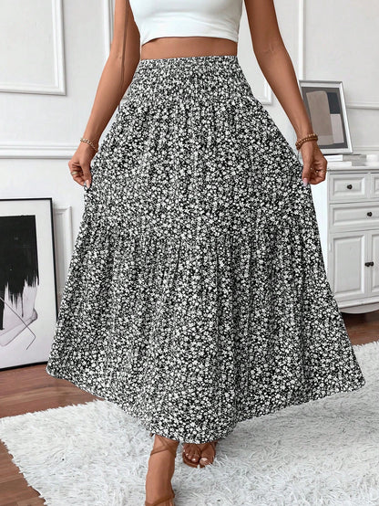 Women's Long Ditsy Floral Skirt, Casual Elastic Waist With Pockets, Ruffle Hem, A-Line Skirt For Summer Vacation Spring