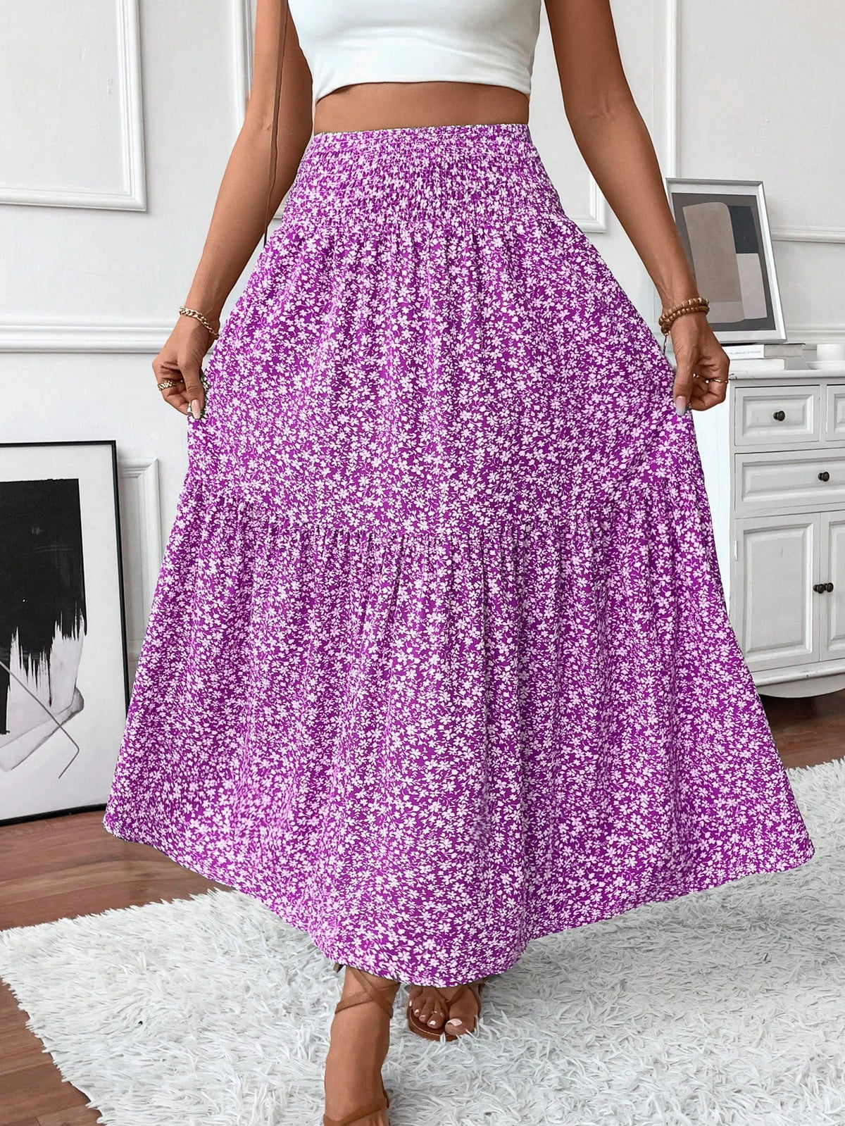 Women's Long Ditsy Floral Skirt, Casual Elastic Waist With Pockets, Ruffle Hem, A-Line Skirt For Summer Spring Vacation