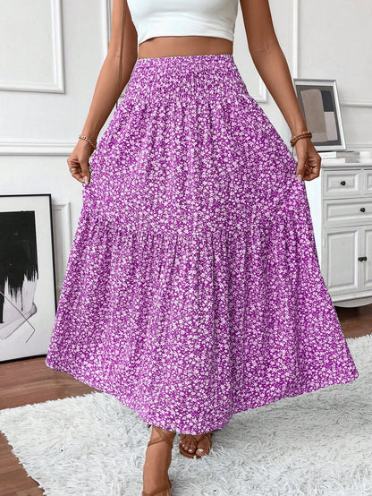 Women's Long Ditsy Floral Skirt, Casual Elastic Waist With Pockets, Ruffle Hem, A-Line Skirt For Summer Spring Vacation