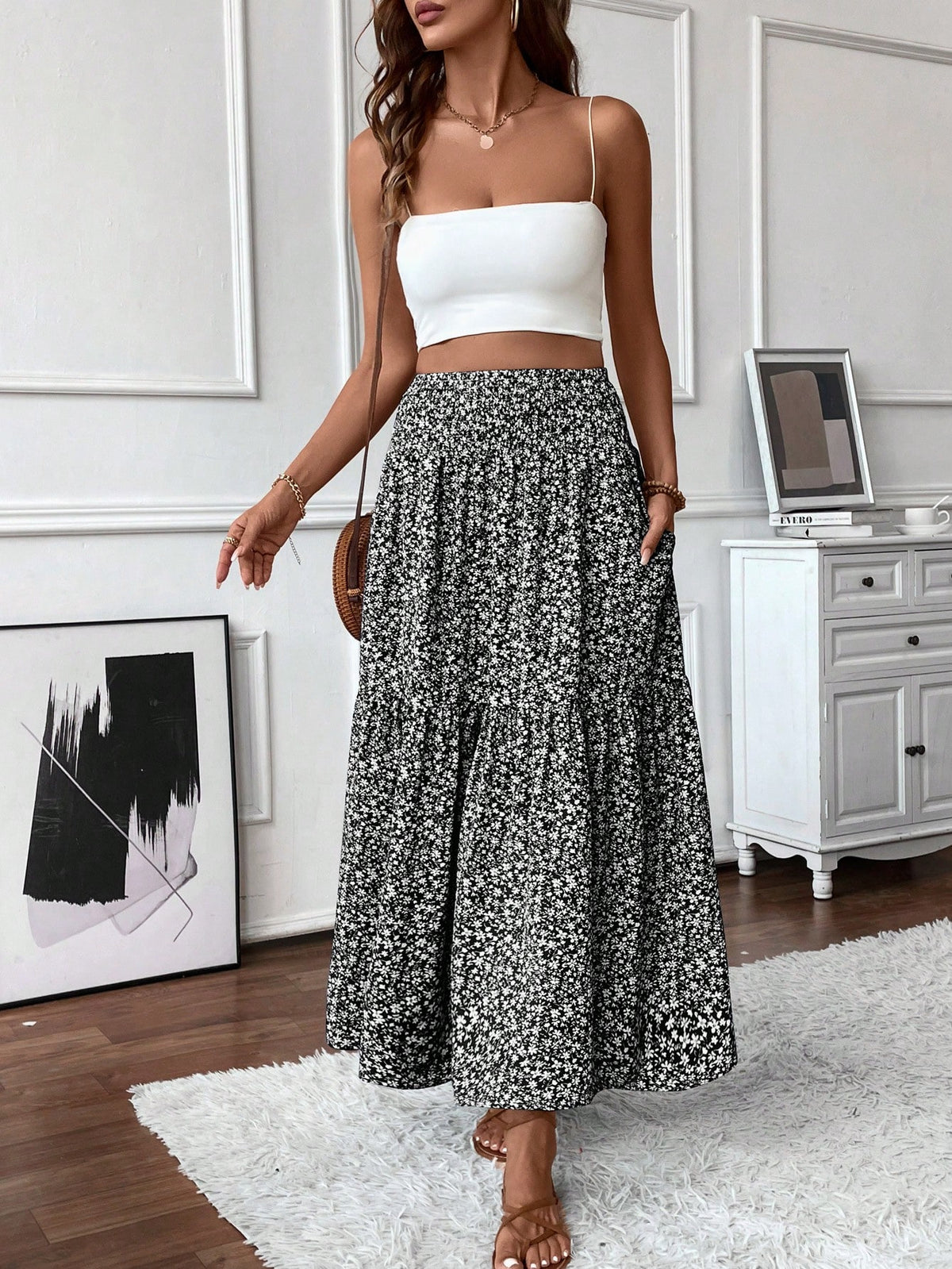 Women's Long Ditsy Floral Skirt, Casual Elastic Waist With Pockets, Ruffle Hem, A-Line Skirt For Summer Vacation Spring
