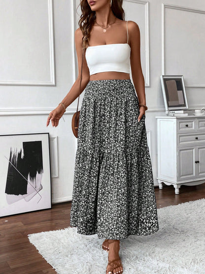 Women's Long Ditsy Floral Skirt, Casual Elastic Waist With Pockets, Ruffle Hem, A-Line Skirt For Summer Vacation Spring