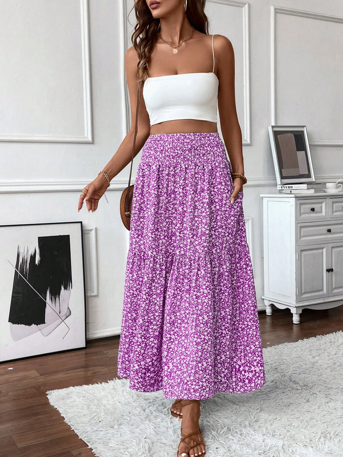 Women's Long Ditsy Floral Skirt, Casual Elastic Waist With Pockets, Ruffle Hem, A-Line Skirt For Summer Spring Vacation