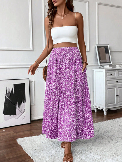Women's Long Ditsy Floral Skirt, Casual Elastic Waist With Pockets, Ruffle Hem, A-Line Skirt For Summer Spring Vacation