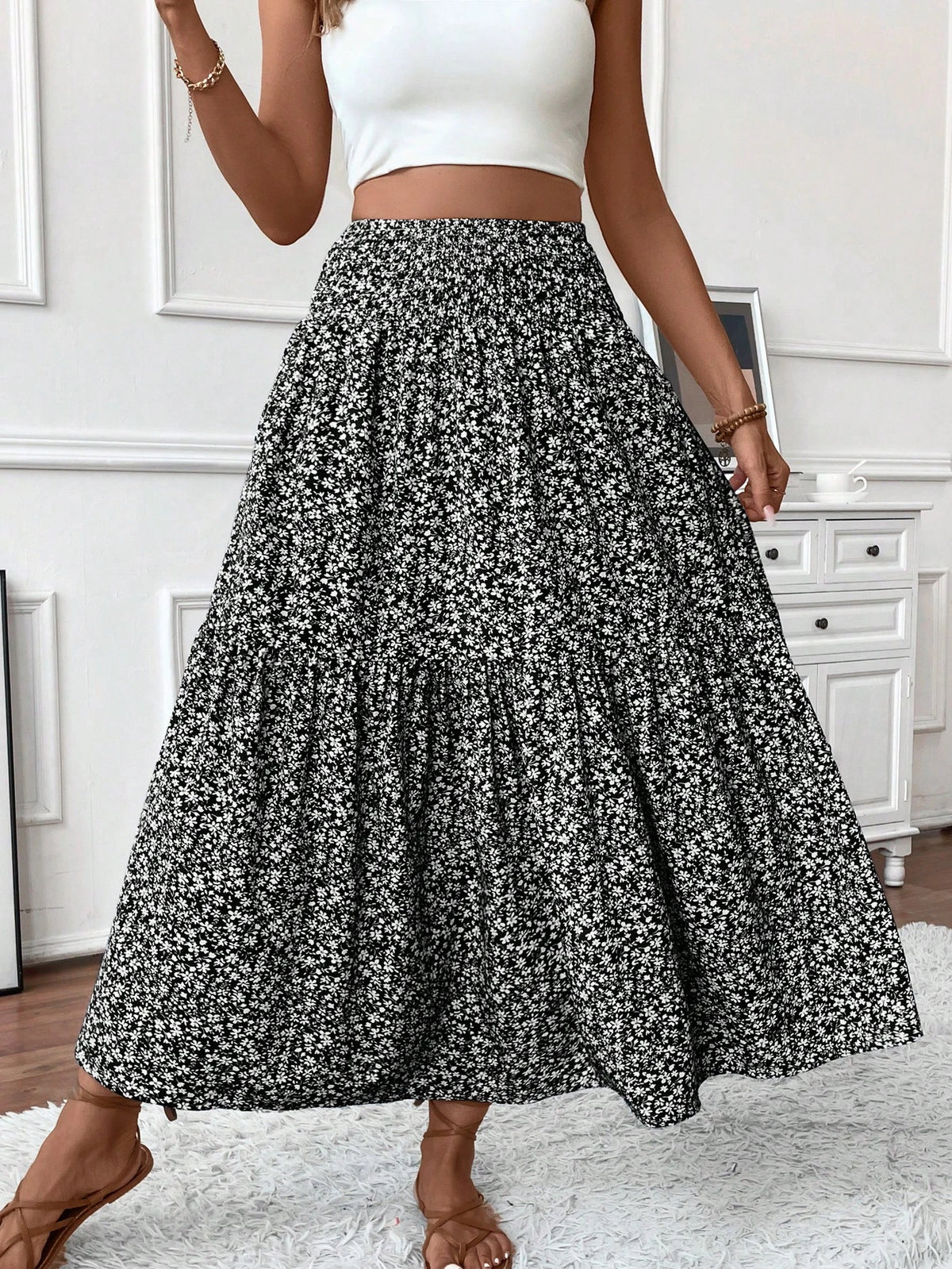 Women's Long Ditsy Floral Skirt, Casual Elastic Waist With Pockets, Ruffle Hem, A-Line Skirt For Summer Vacation Spring