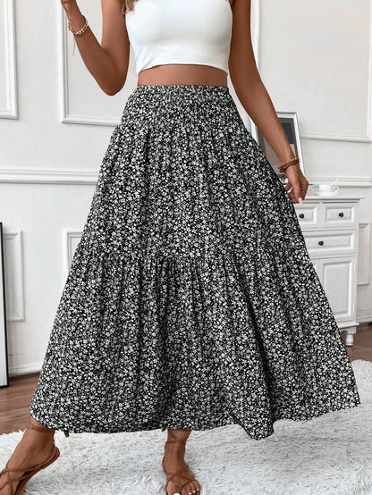 Women's Long Ditsy Floral Skirt, Casual Elastic Waist With Pockets, Ruffle Hem, A-Line Skirt For Summer Vacation Spring