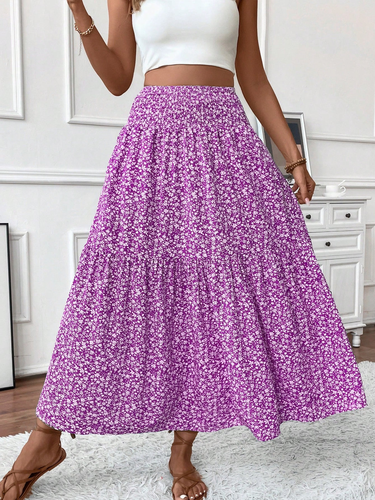 Women's Long Ditsy Floral Skirt, Casual Elastic Waist With Pockets, Ruffle Hem, A-Line Skirt For Summer Spring Vacation