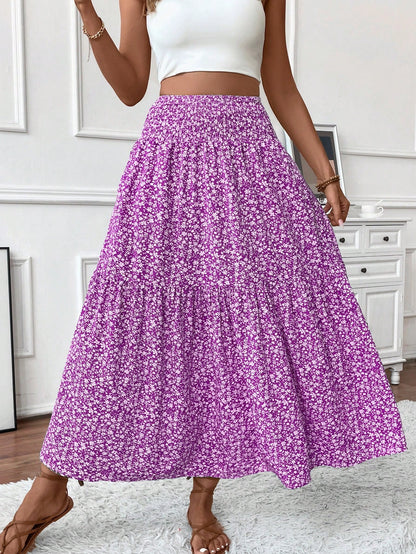 Women's Long Ditsy Floral Skirt, Casual Elastic Waist With Pockets, Ruffle Hem, A-Line Skirt For Summer Spring Vacation