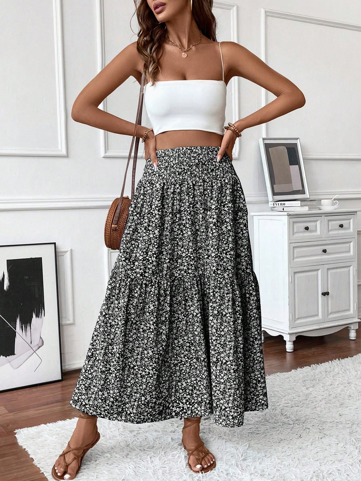 Women's Long Ditsy Floral Skirt, Casual Elastic Waist With Pockets, Ruffle Hem, A-Line Skirt For Summer Vacation Spring