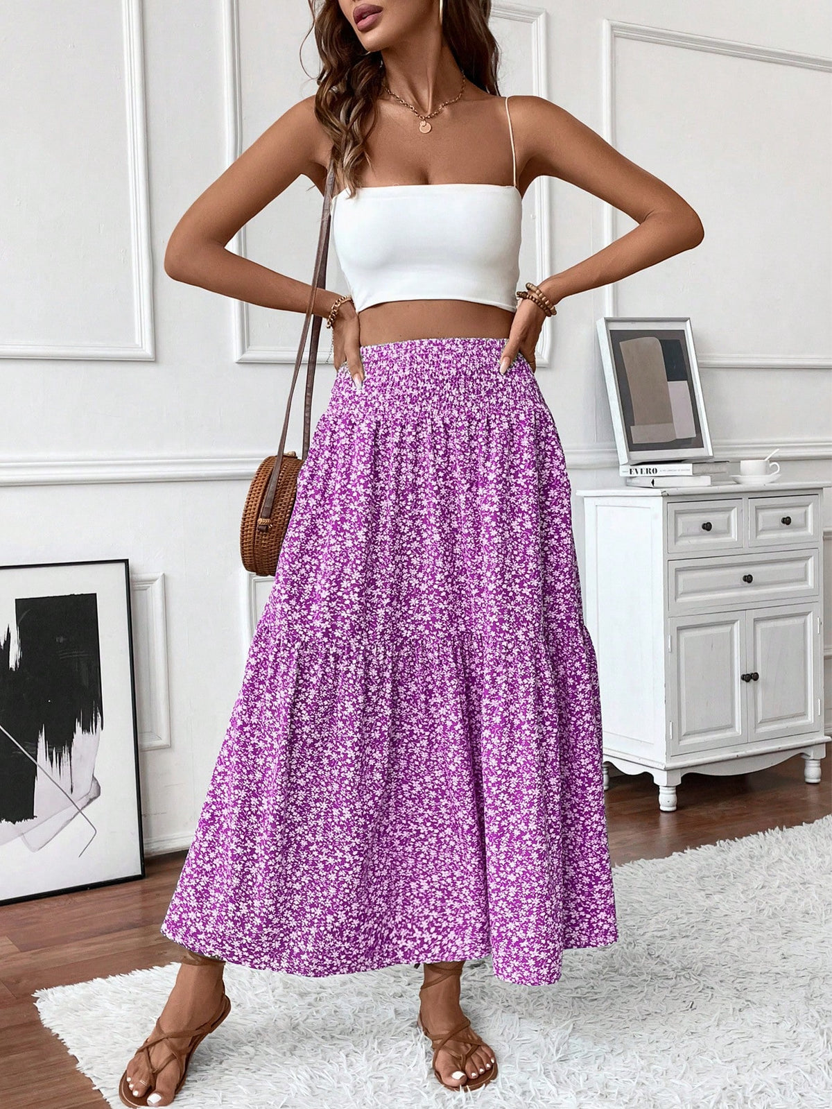 Women's Long Ditsy Floral Skirt, Casual Elastic Waist With Pockets, Ruffle Hem, A-Line Skirt For Summer Spring Vacation