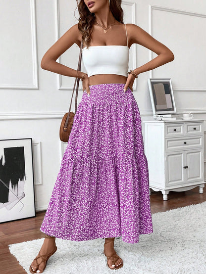 Women's Long Ditsy Floral Skirt, Casual Elastic Waist With Pockets, Ruffle Hem, A-Line Skirt For Summer Spring Vacation