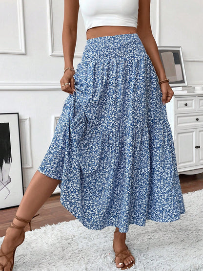 Women's Long Ditsy Floral Skirt, Casual Elastic Waist With Pockets, Ruffle Hem, A-Line Skirt For Summer Vacation Spring