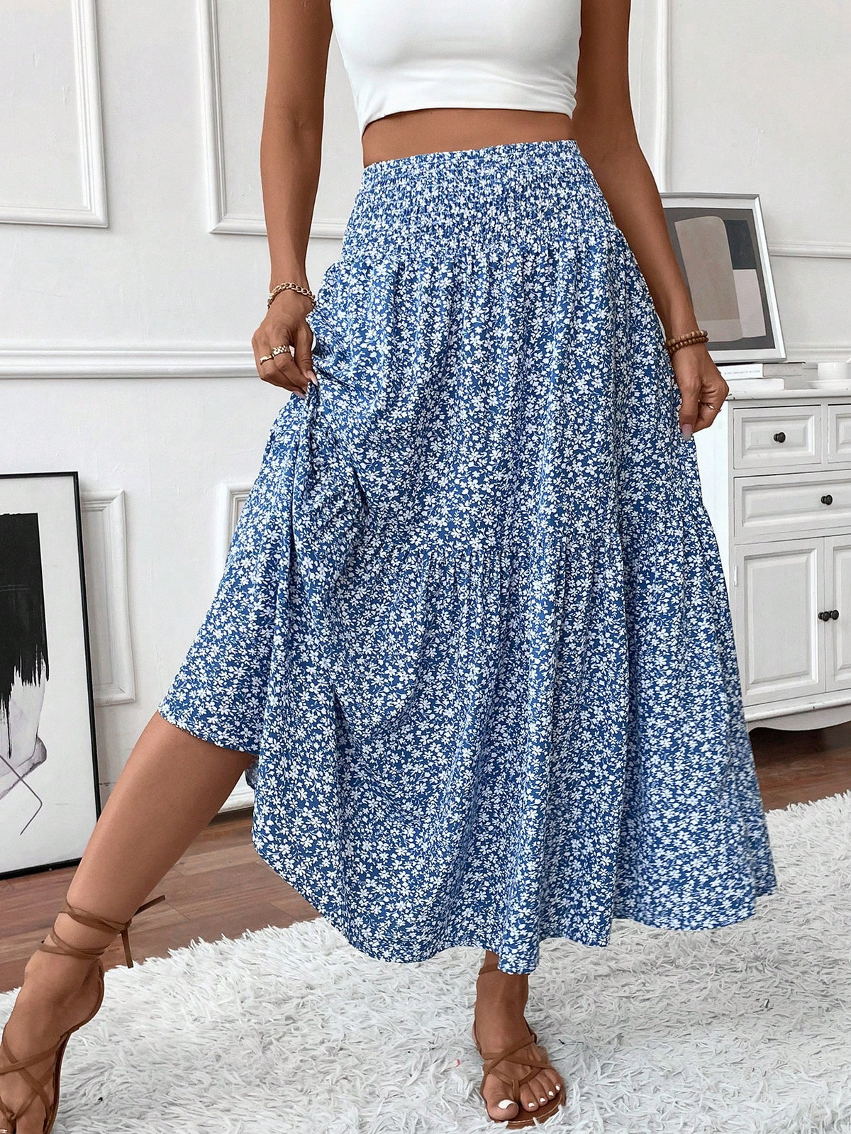 Women's Long Ditsy Floral Skirt, Casual Elastic Waist With Pockets, Ruffle Hem, A-Line Skirt For Summer Spring Vacation