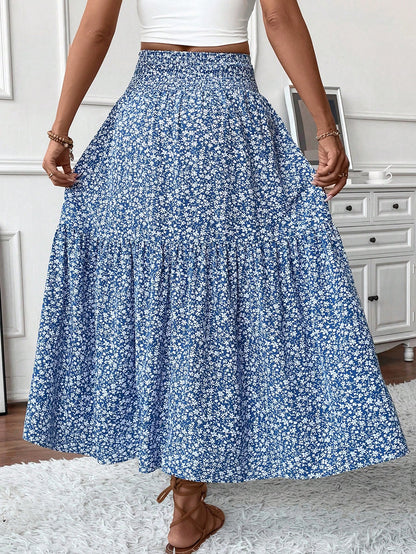 Women's Long Ditsy Floral Skirt, Casual Elastic Waist With Pockets, Ruffle Hem, A-Line Skirt For Summer Vacation Spring