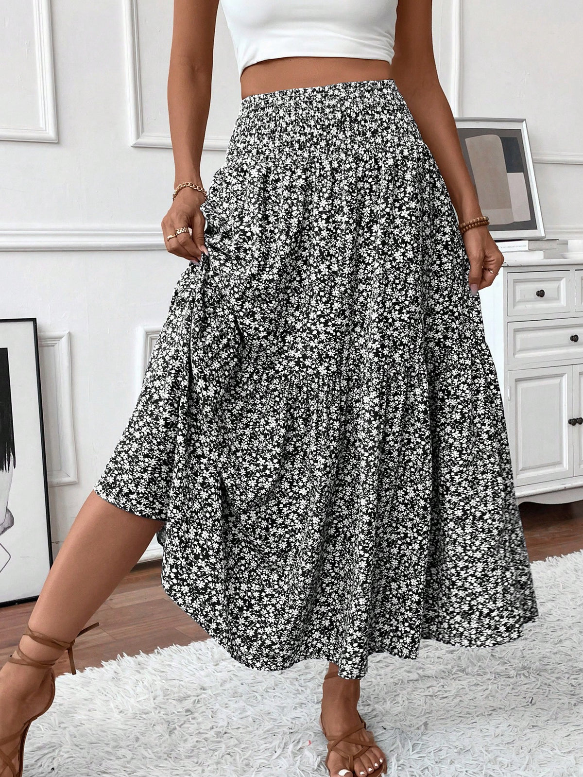 Women's Long Ditsy Floral Skirt, Casual Elastic Waist With Pockets, Ruffle Hem, A-Line Skirt For Summer Vacation Spring