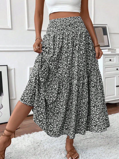 Women's Long Ditsy Floral Skirt, Casual Elastic Waist With Pockets, Ruffle Hem, A-Line Skirt For Summer Vacation Spring
