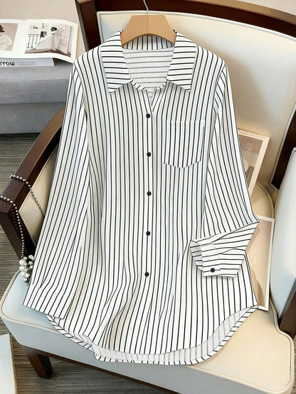 Women's Long Sleeve Single-Breasted Casual Loose Striped Long Shirt, Loose Casual Commuter Style Versatile Long Sleeve Top For All Seasons White