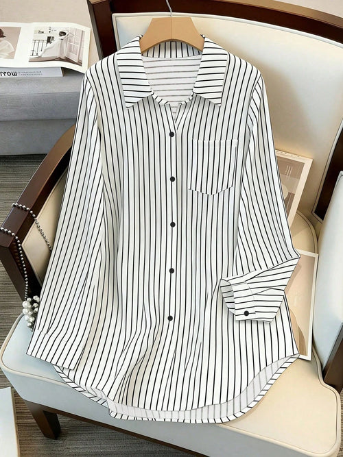 Women's Long Sleeve Single-Breasted Casual Loose Striped Long Shirt, Loose Casual Commuter Style Versatile Long Sleeve Top For All Seasons White