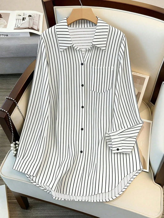Women's Long Sleeve Single-Breasted Casual Loose Striped Long Shirt, Loose Casual Commuter Style Versatile Long Sleeve Top For All Seasons White