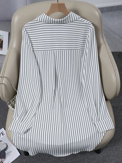 Women's Long Sleeve Single-Breasted Casual Loose Striped Long Shirt, Loose Casual Commuter Style Versatile Long Sleeve Top For All Seasons White