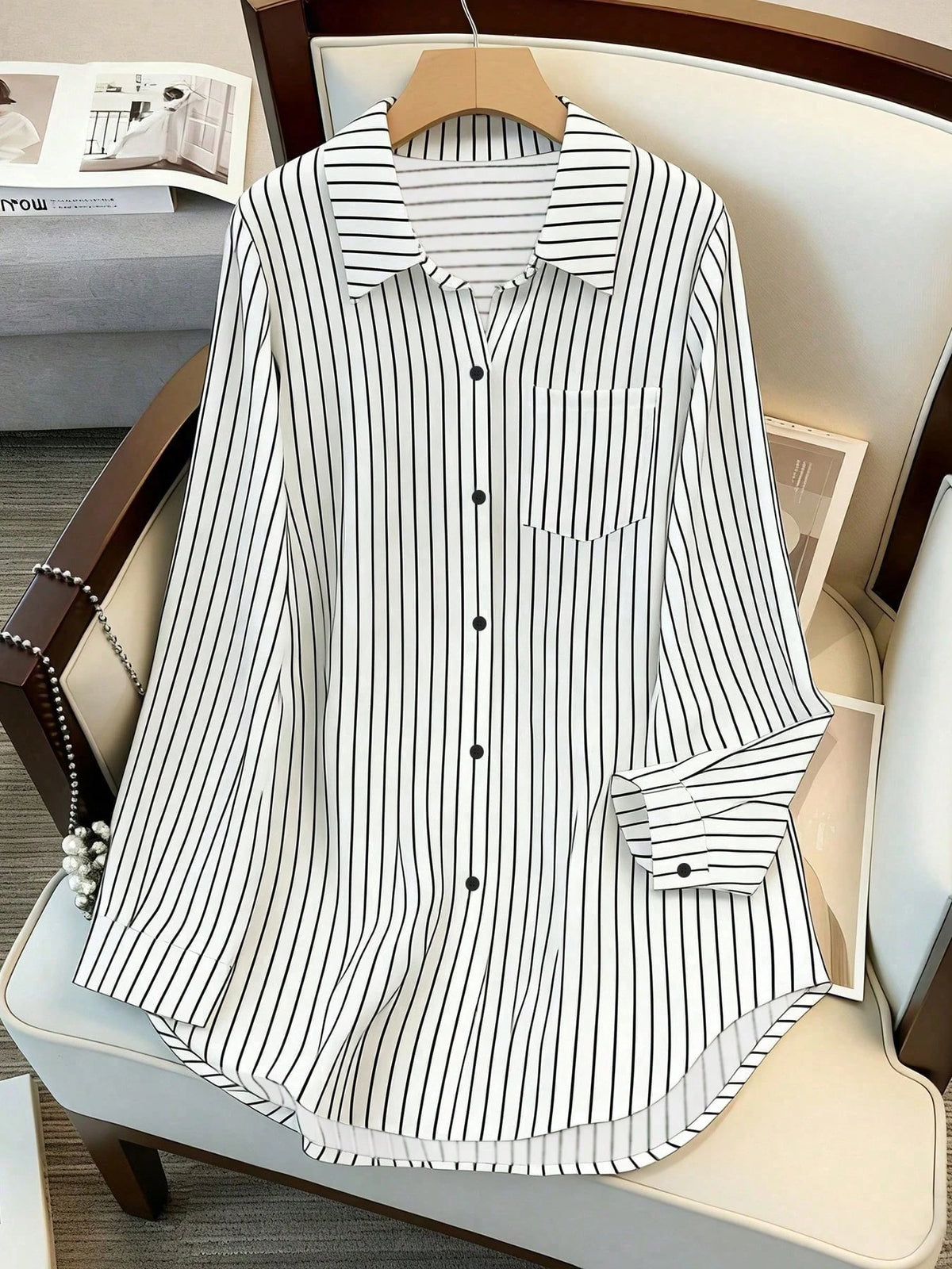 Women's Long Sleeve Single-Breasted Casual Loose Striped Long Shirt, Loose Casual Commuter Style Versatile Long Sleeve Top For All Seasons White