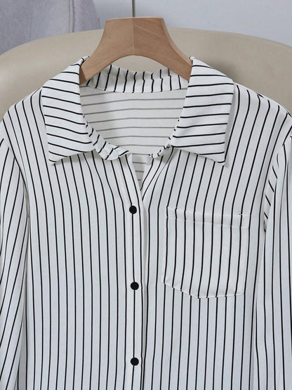 Women's Long Sleeve Single-Breasted Casual Loose Striped Long Shirt, Loose Casual Commuter Style Versatile Long Sleeve Top For All Seasons White