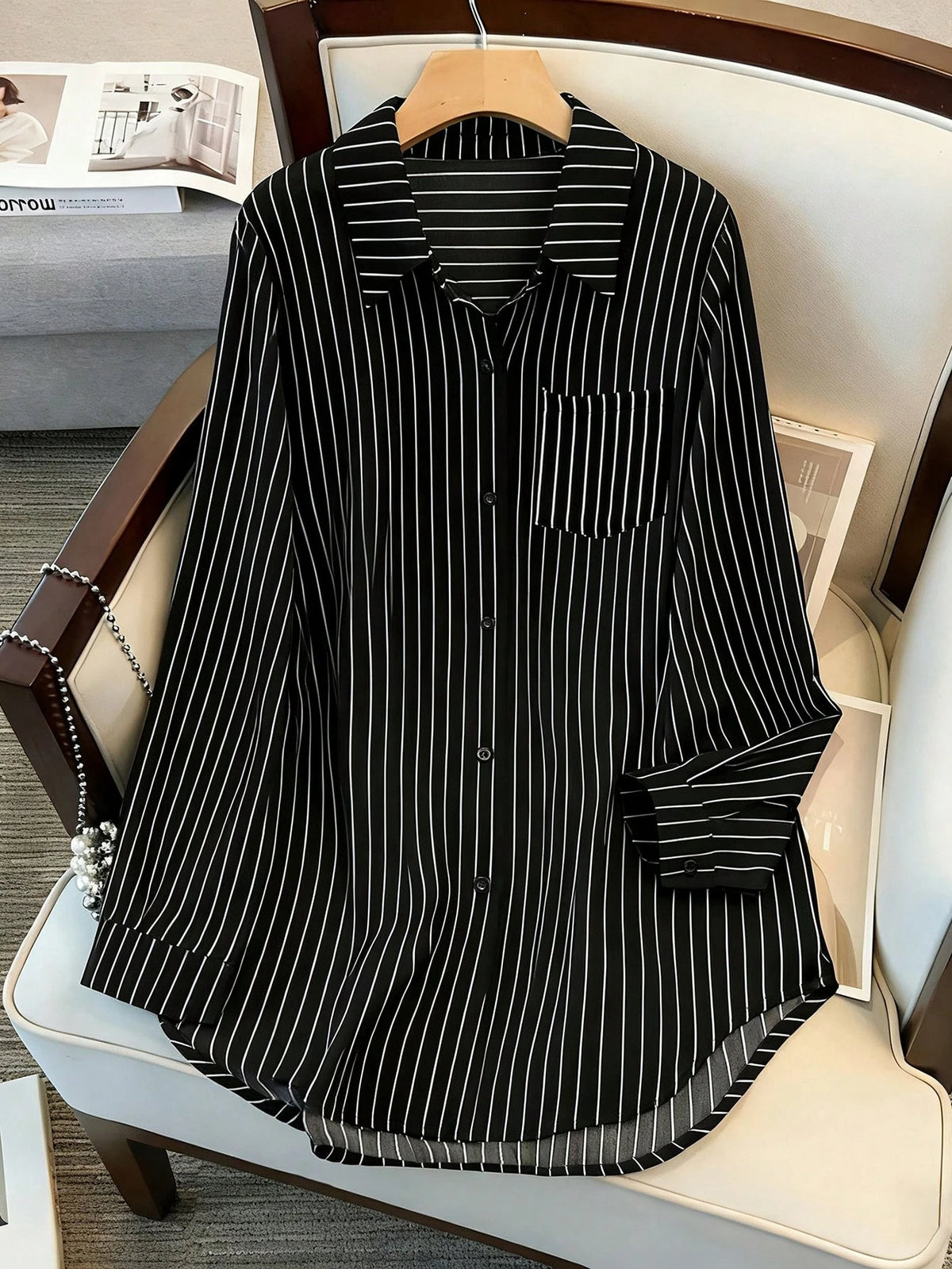Women's Long Sleeve Single-Breasted Casual Loose Striped Long Shirt, Loose Casual Commuter Style Versatile Long Sleeve Top For All Seasons White