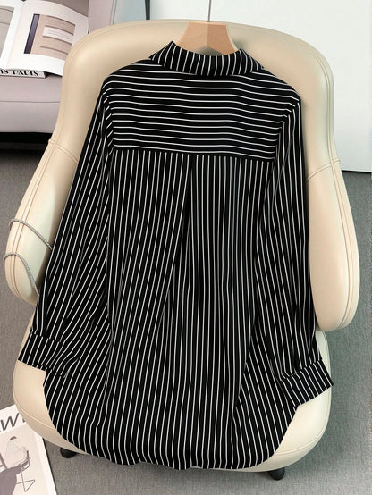 Women's Long Sleeve Single-Breasted Casual Loose Striped Long Shirt, Loose Casual Commuter Style Versatile Long Sleeve Top For All Seasons White