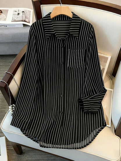 Women's Long Sleeve Single-Breasted Casual Loose Striped Long Shirt, Loose Casual Commuter Style Versatile Long Sleeve Top For All Seasons White