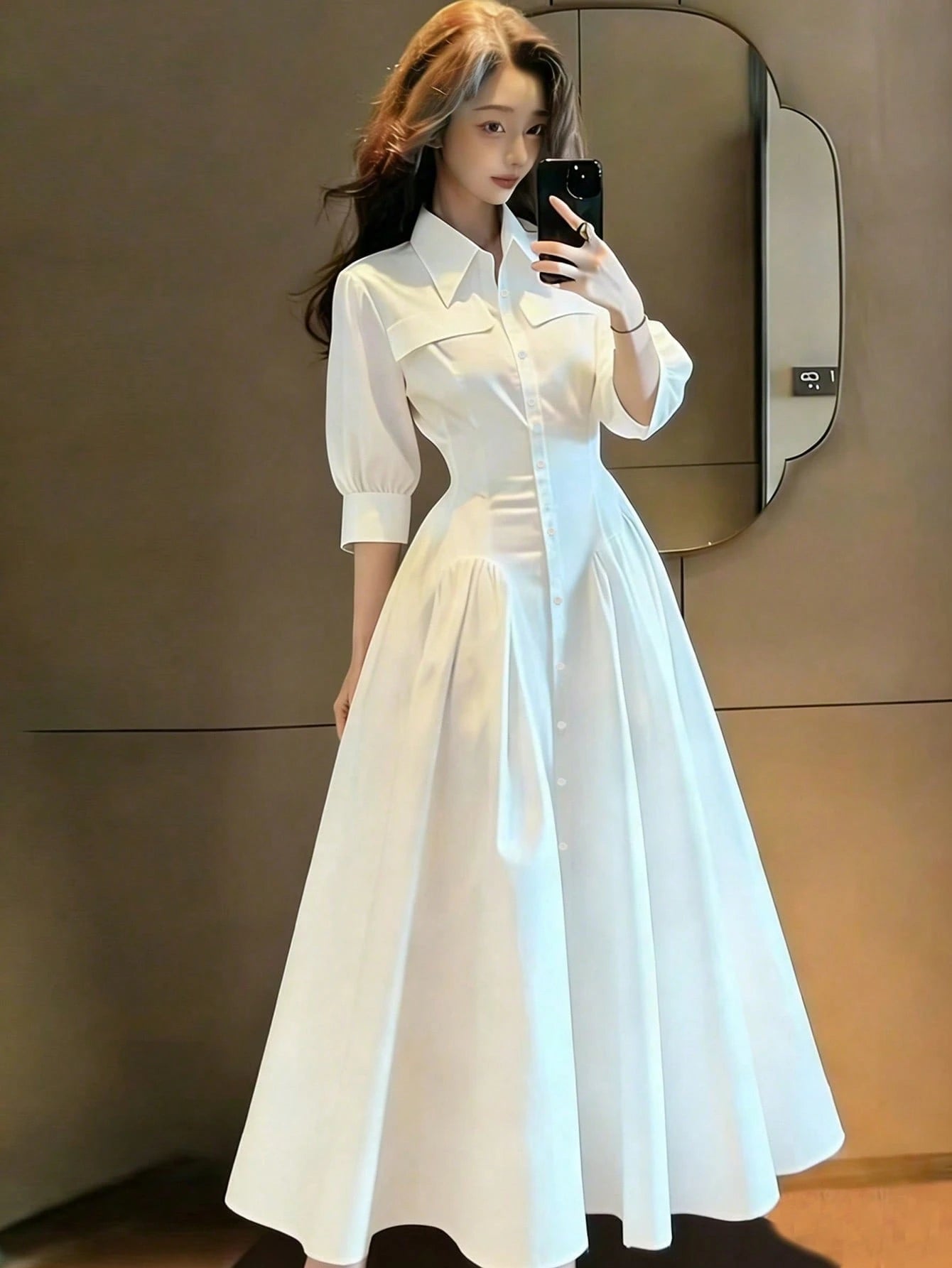 Women's Long Summer Dress, White, Dress, Waist Cinched, Pleated Shirt Style Dress, Button Front, Casual Everyday Fashion Elegant