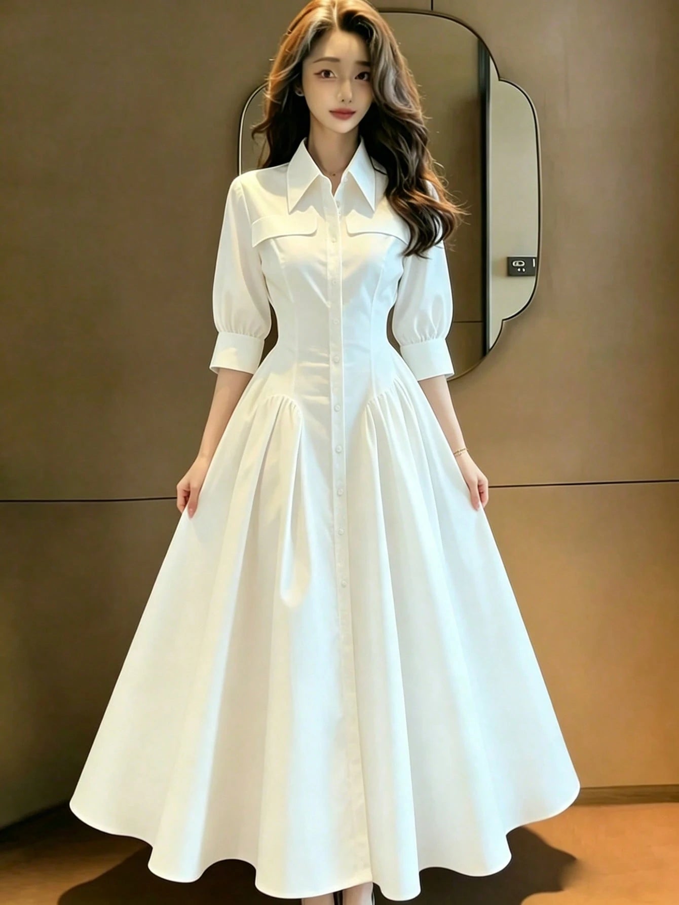 Women's Long Summer Dress, White, Dress, Waist Cinched, Pleated Shirt Style Dress, Button Front, Casual Everyday Fashion Elegant